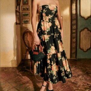 EUC Sezane Tamia Strapless Dress, Black Floral Pila print, size US 8 / EU 40